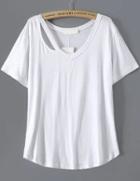 Romwe White V Neck Short Sleeve Hollow T-shirt