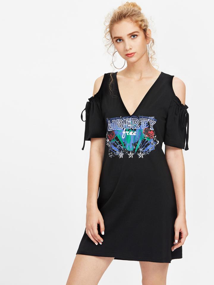 Romwe Open Shoulder Lace Up Sleeve Dress