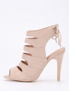 Romwe Faux Suede Caged Sling Back Heels - Apricot
