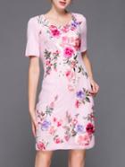 Romwe Pink Flowers Applique Gauze Embroidered Sheath Dress