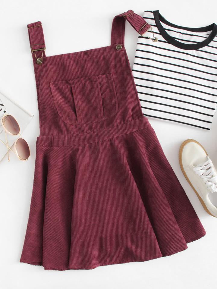 Romwe Pocket Front Zip Up Back Corduroy Pinafore Dress