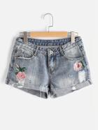 Romwe Floral Embroidered Destroy Cuffed Shorts