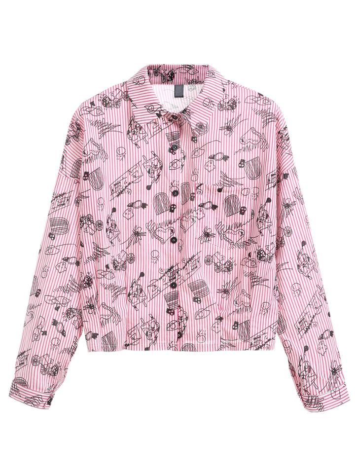 Romwe Pink Striped Cartoon Print Crop Blouse