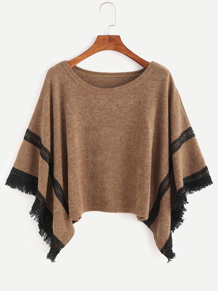 Romwe Khaki Contrast Crochet Fringe Hem Poncho Sweater