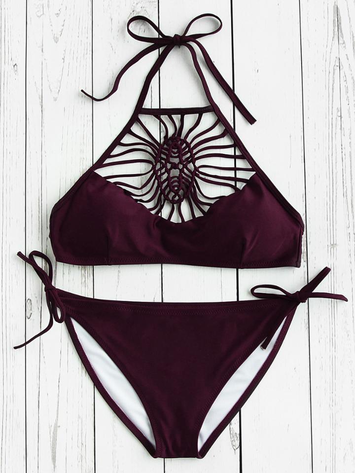 Romwe Crochet Side Tie Halter Bikini Set