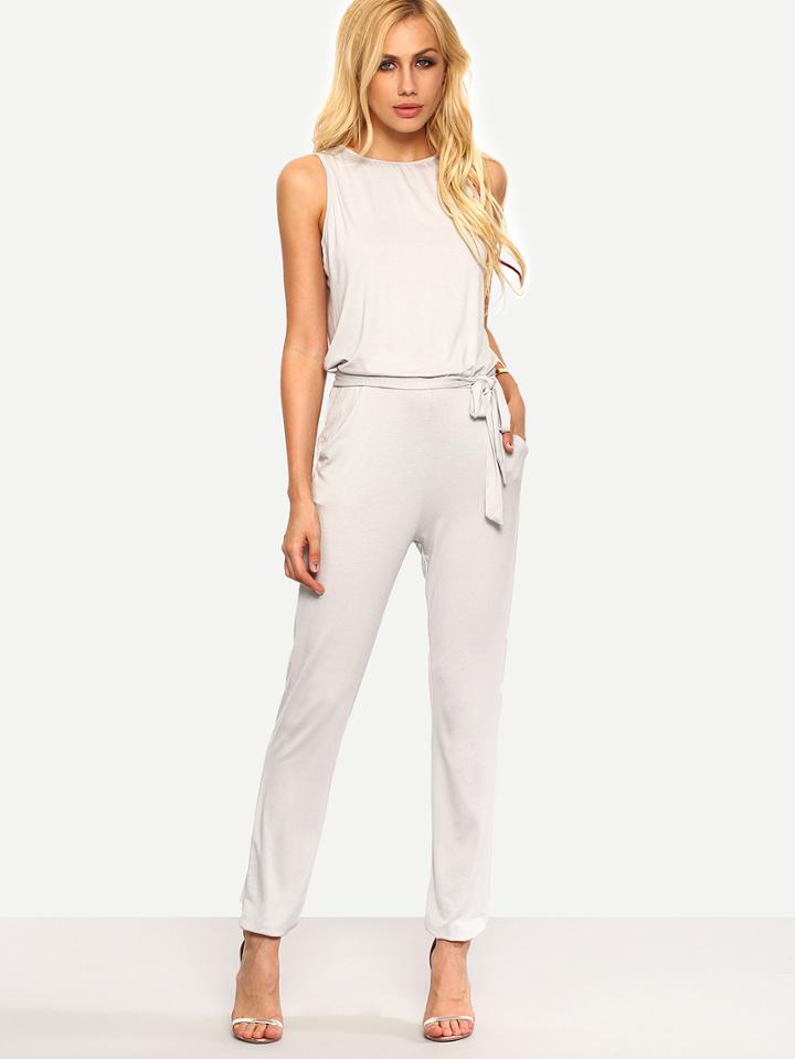 Romwe Self-tie Sleeveless Jersey Jumpsuit - Light Grey