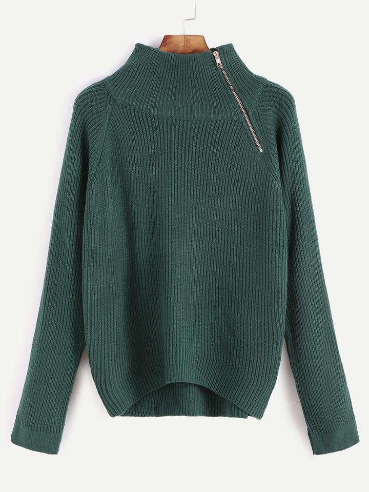 Romwe Dark Green Turtleneck Dip Hem Zip Detail Sweater