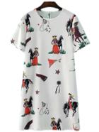 Romwe White Short Sleeve Steed Print Shift Dress