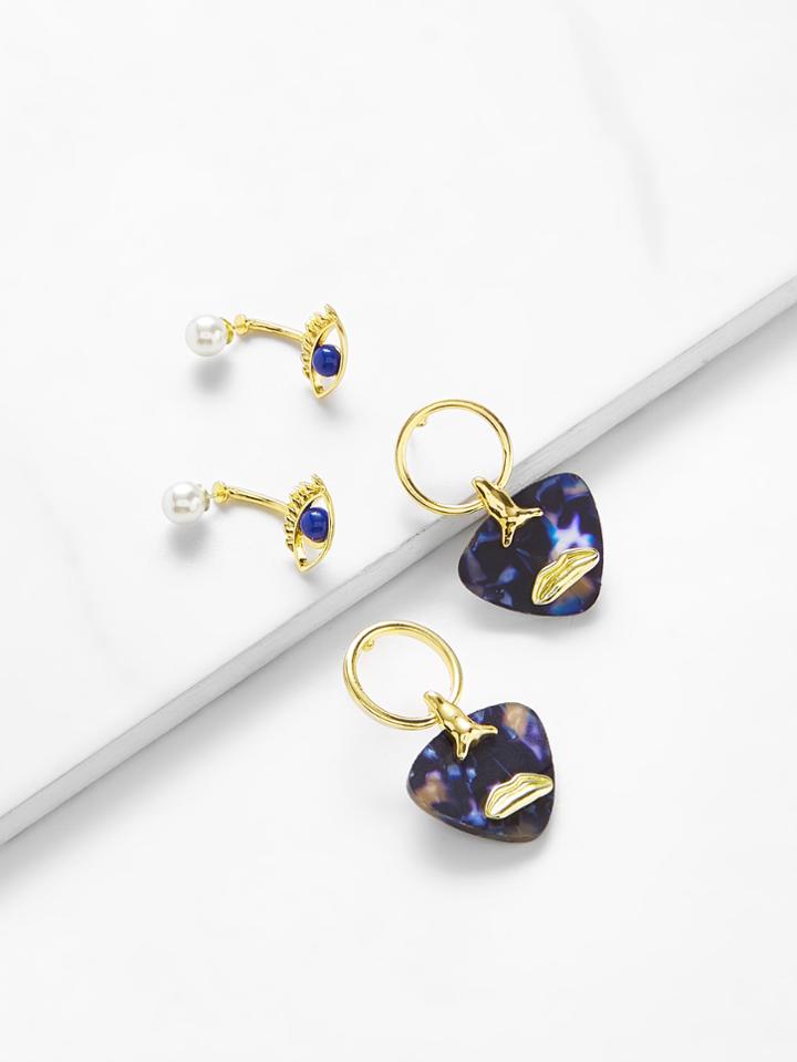 Romwe Faux Pearl Contrast Earring Set 2pair