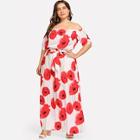 Romwe Plus Floral Print Belted Long Dress