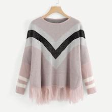 Romwe Fringe Hem Chevron Sweater