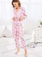 Romwe Rabbit Print Self Tie Robe & Cami & Pants