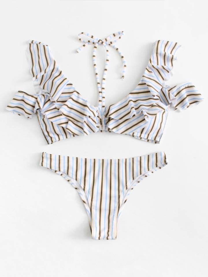 Romwe Flounce Striped Bikini Set