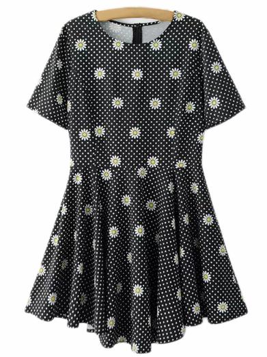 Romwe Black Polka Dots Daisy Print Skater Dress