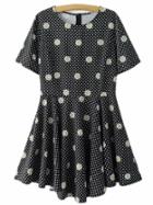 Romwe Black Polka Dots Daisy Print Skater Dress