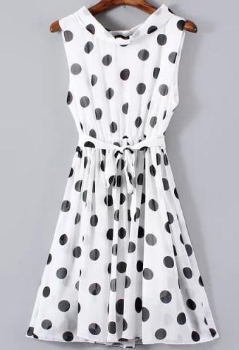 Romwe Stand Collar Polka Dot With Belt White Dress