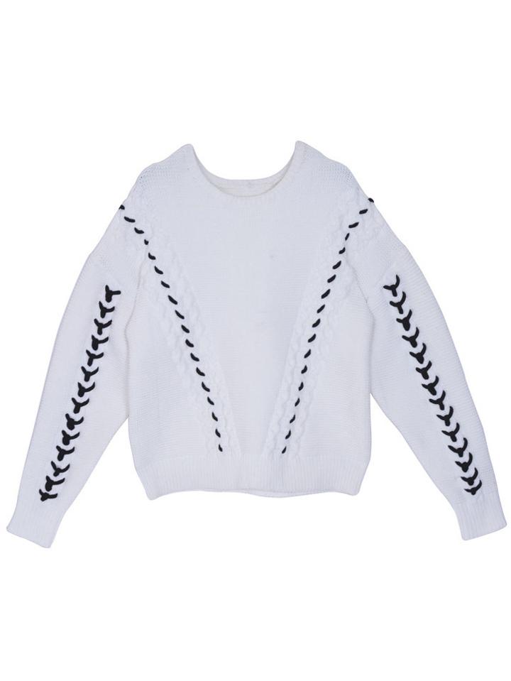 Romwe Round Neck Ribbon Loose White Sweater