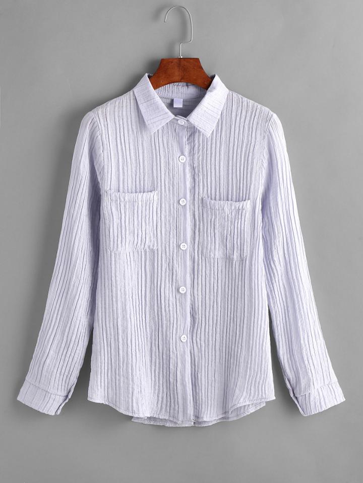 Romwe Blue Ribbed Shirt With Chest Pockets