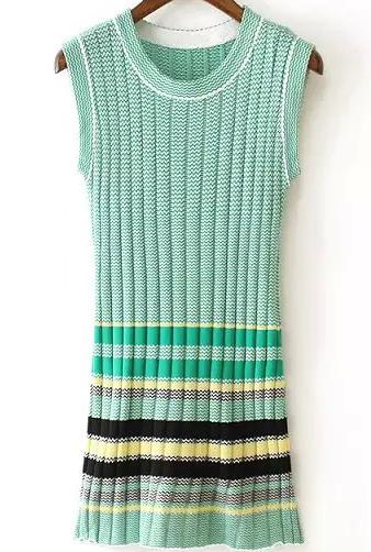 Romwe Sleeveless Striped Knit Green Dress