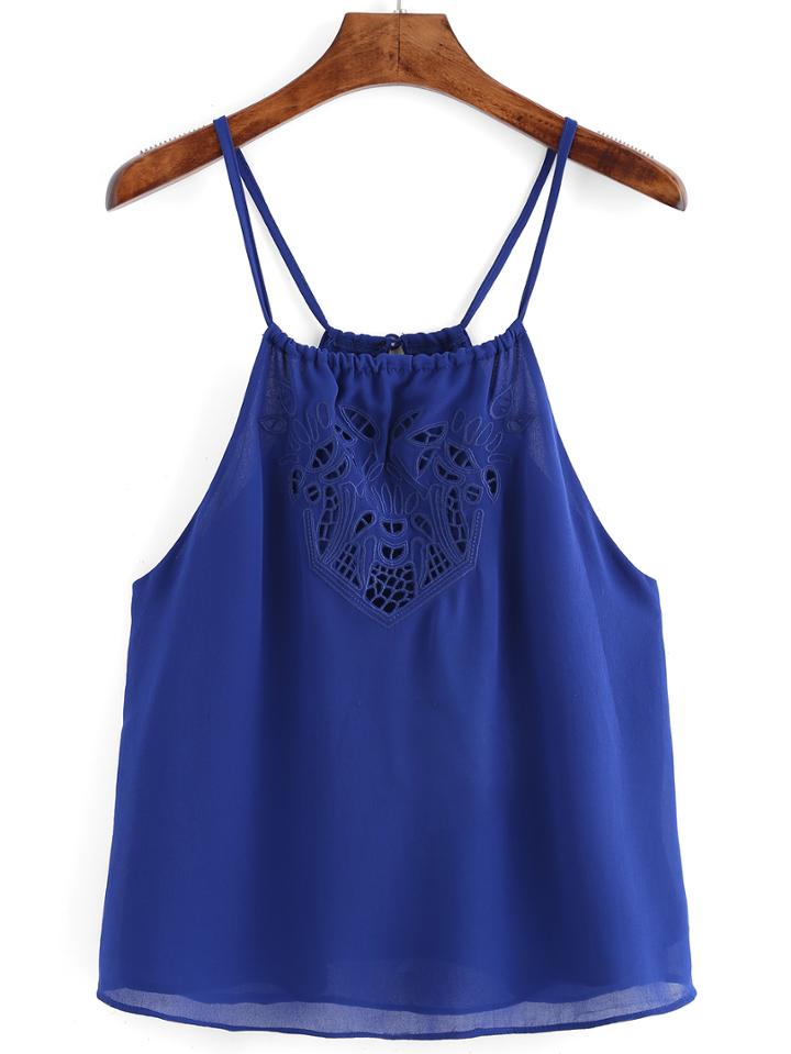 Romwe Spaghetti Strap Embroidered Hollow Out Cami Top