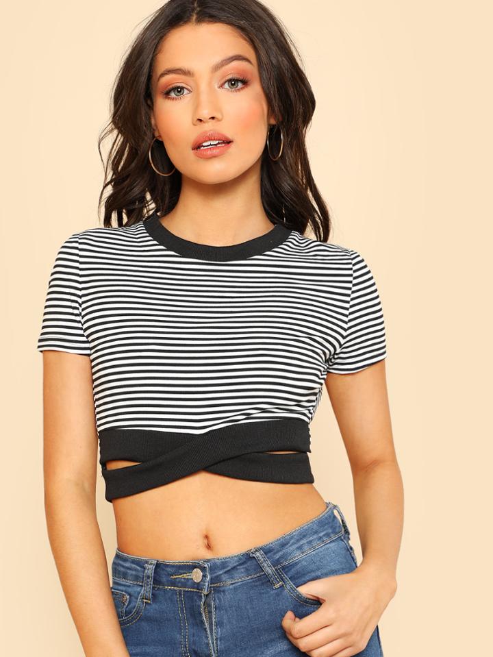 Romwe Crisscross Hem Striped Crop Tee