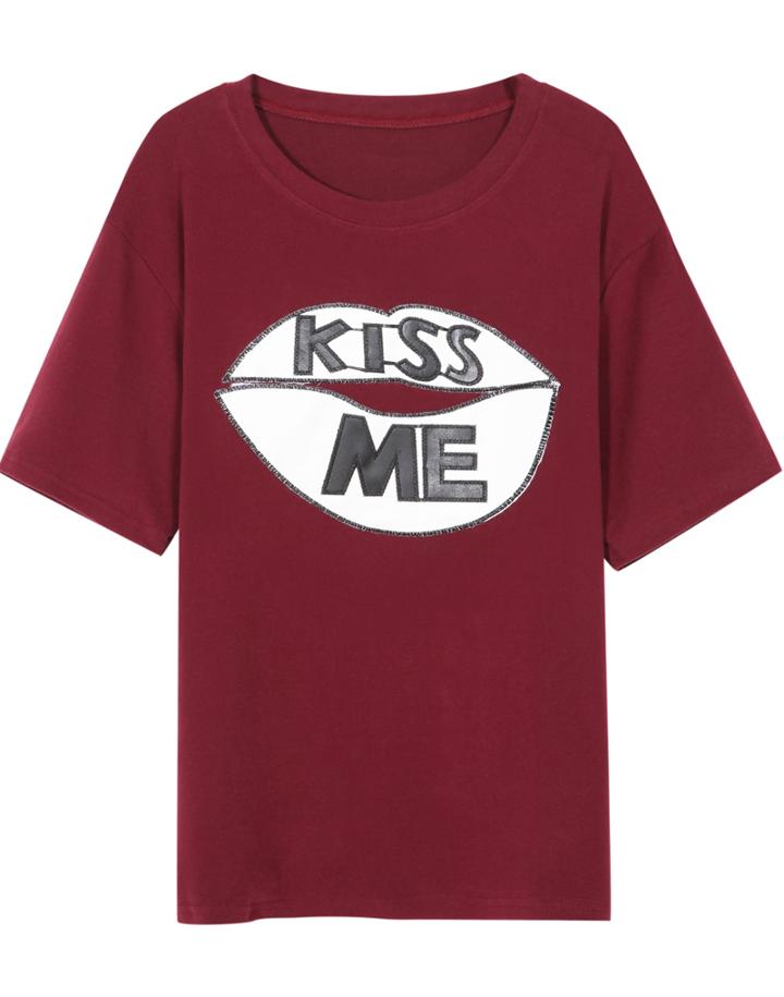 Romwe Lips Letter Embroidered Wine Red T-shirt