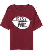Romwe Lips Letter Embroidered Wine Red T-shirt