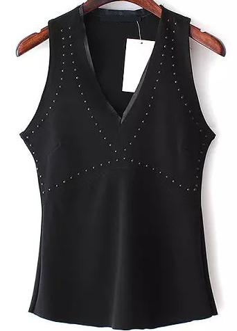 Romwe Deep Plunge Neck With Rivet Black Vest