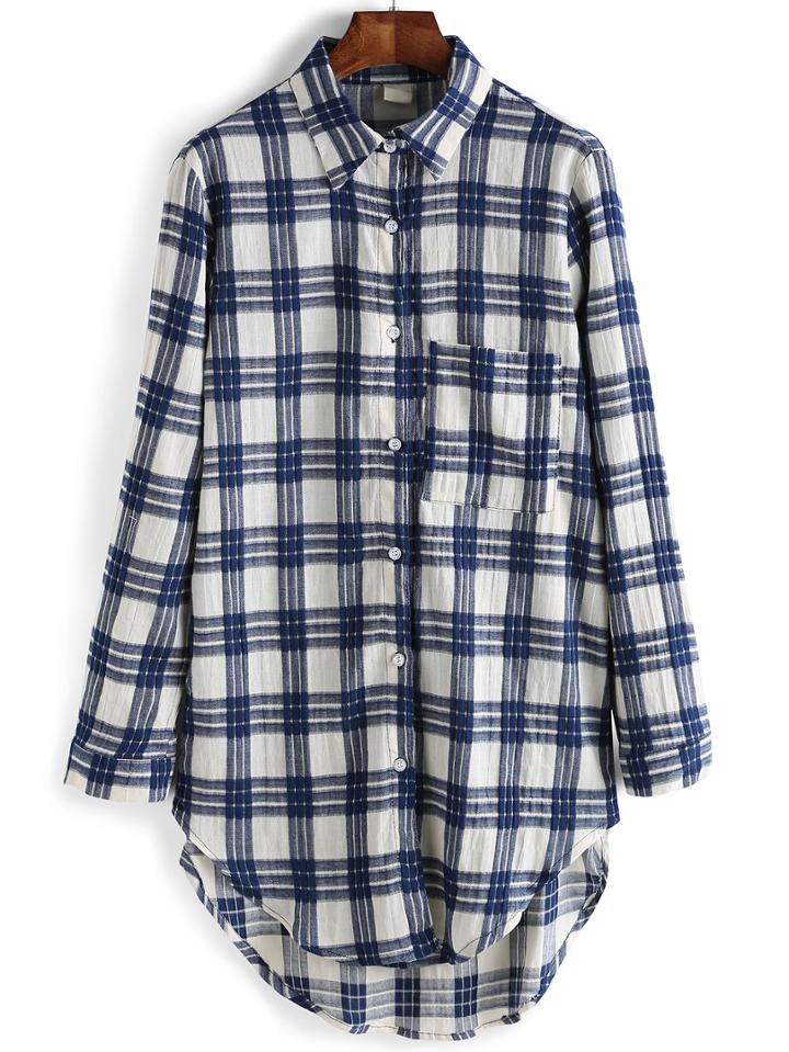 Romwe High Low Plaid Blue Blouse With Pocket