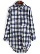 Romwe High Low Plaid Blue Blouse With Pocket