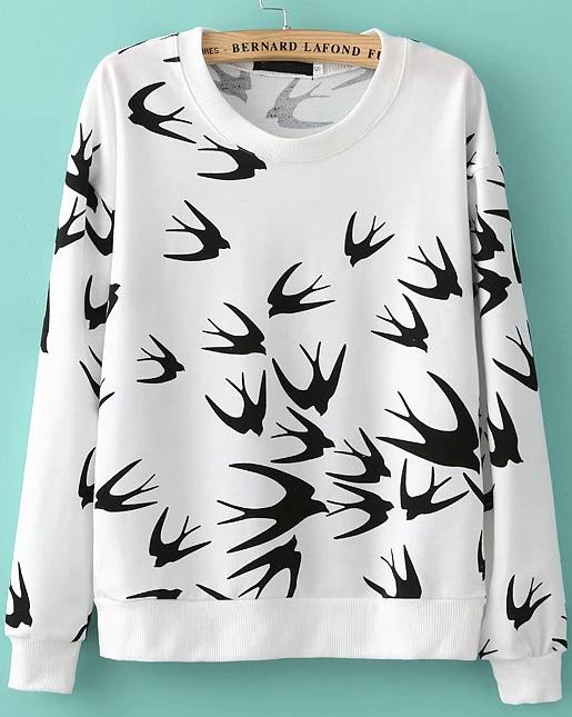 Romwe Swallow Print Knit White Sweatshirt
