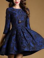 Romwe Blue Round Neck Length Sleeve Jacquard Dress
