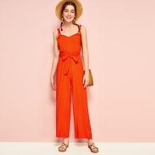 Romwe Neon Orange O-ring Wide Leg Jumpsuit