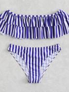 Romwe Ruffle Trim Striped Bardot Bikini Set