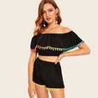 Romwe Flounce Layered Neck Pompom Trim Top & Shorts Set