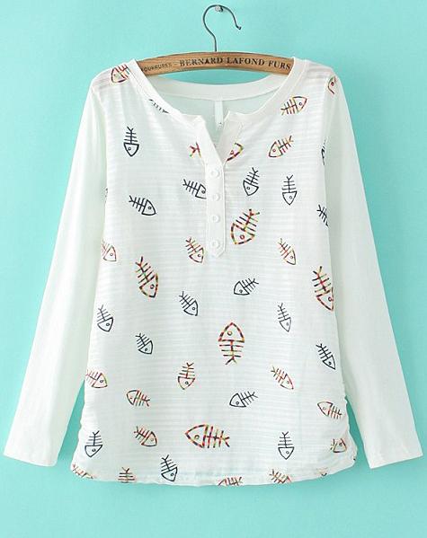 Romwe White V Neck Fishbone Embroidered Blouse
