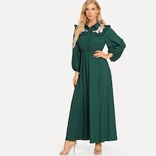 Romwe Embroidered & Frill Yoke Lantern Sleeve Maxi Dress
