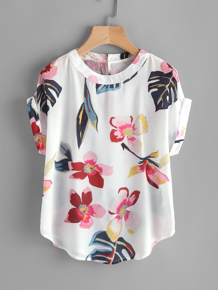 Romwe Random Florals Curved Hem Cuffed Blouse
