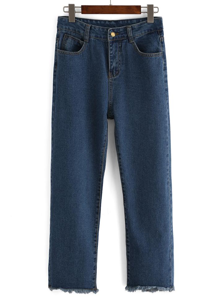 Romwe Frayed Denim Straight Blue Pant