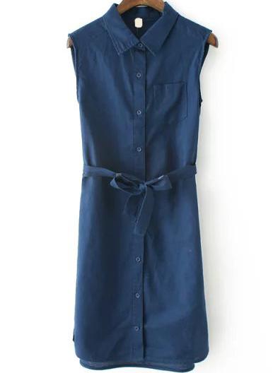 Romwe With Belt Pocket Shirt Navy Dress