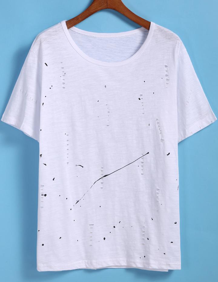 Romwe White Short Sleeve Hollow Spot Print T-shirt