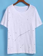 Romwe White Short Sleeve Hollow Spot Print T-shirt