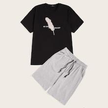 Romwe Guys Feather & Slogan Tee & Slant Pocket Pj Set