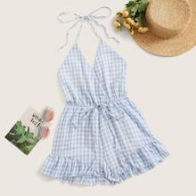 Romwe Gingham Plaid Drawstring Waist Halter Playsuit