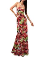 Romwe Strapless Florals Maxi Red Dress