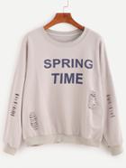 Romwe Letter Print Drop Shoulder Ripped Sweatshirt