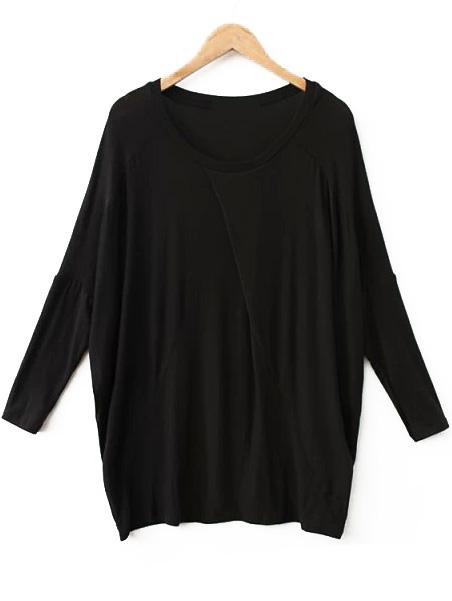 Romwe Round Neck Loose Pleated Black T-shirt