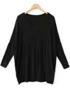 Romwe Round Neck Loose Pleated Black T-shirt