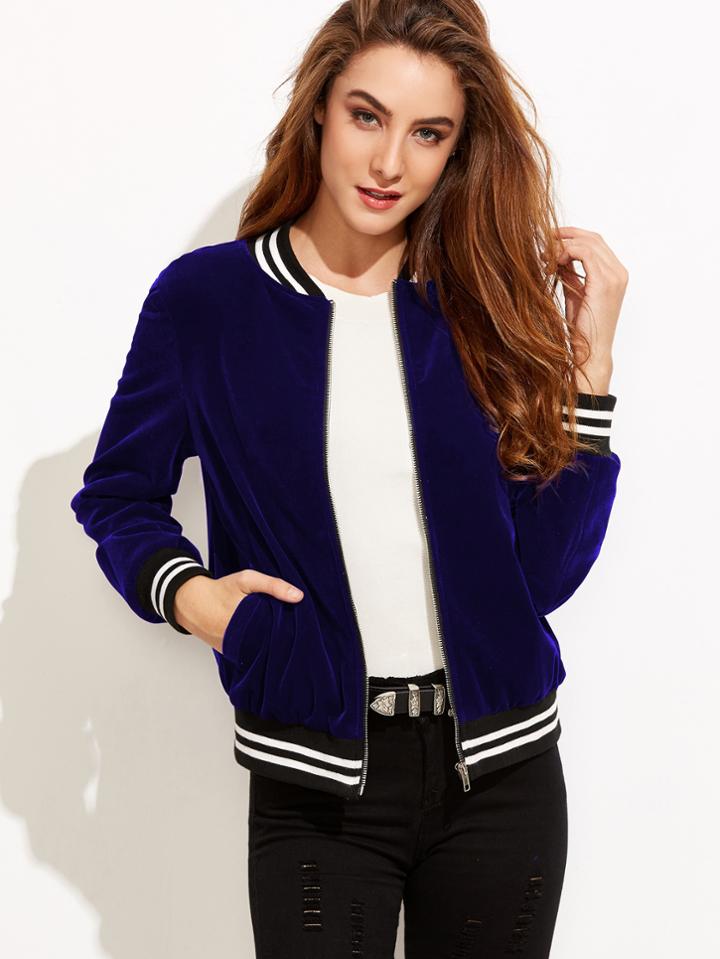Romwe Varsity Striped Velvet Bomber Jacket