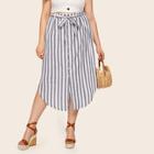 Romwe Plus Button Front Striped Belted Skirt